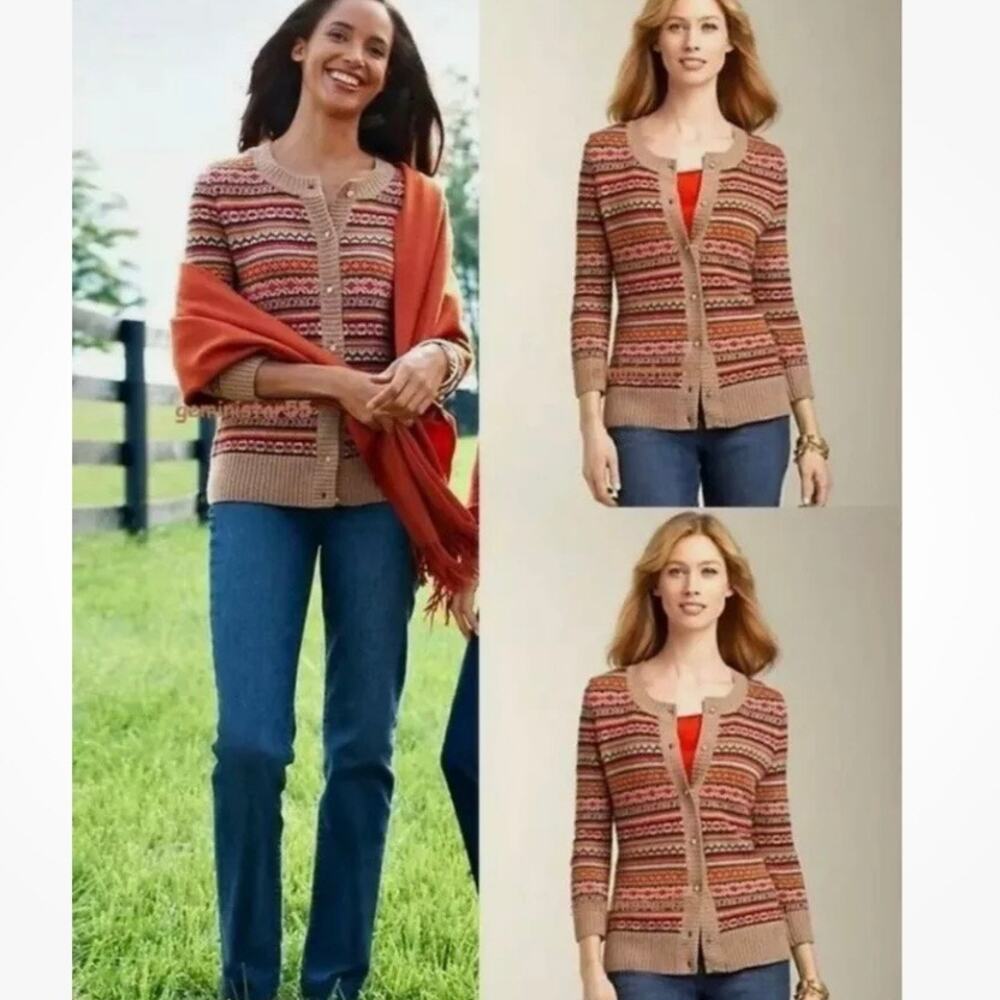 Talbots Nordic Fair Isle Cardigan Sweater Sz MP Scandinavian Cozy Luxury‎ Wool